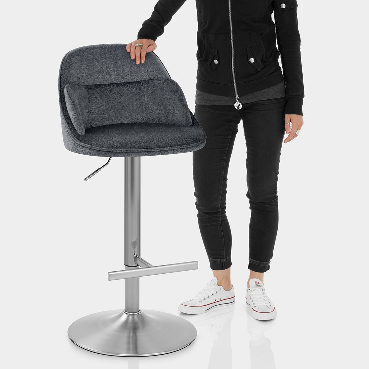 Freya Brushed Steel Stool Grey Fabric Features Image