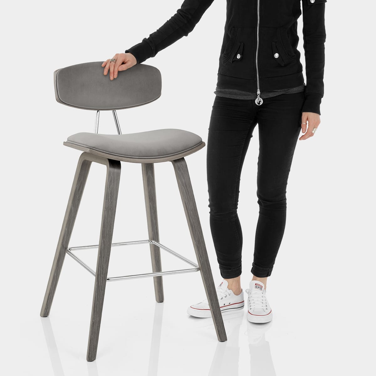 Henley Wooden Stool Grey Velvet Features Image