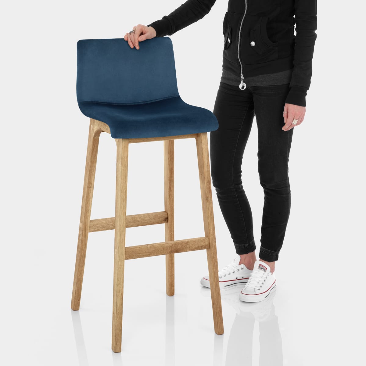 High Drift Oak & Blue Velvet Stool Features Image