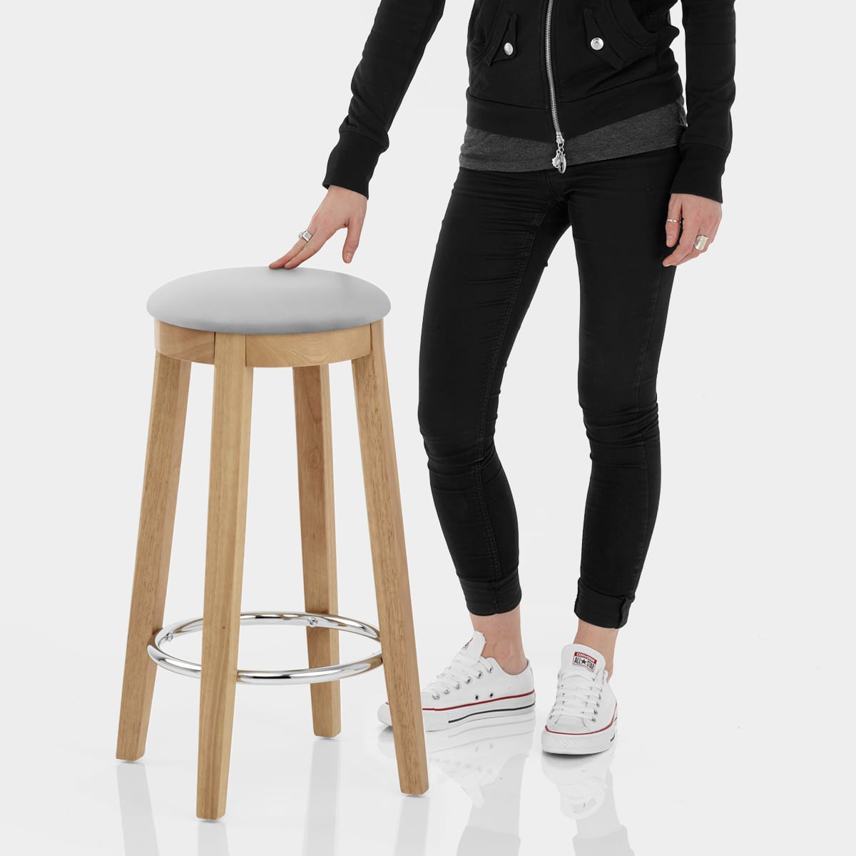 Ikon Kitchen Stool Oak & Grey Velvet Features Image