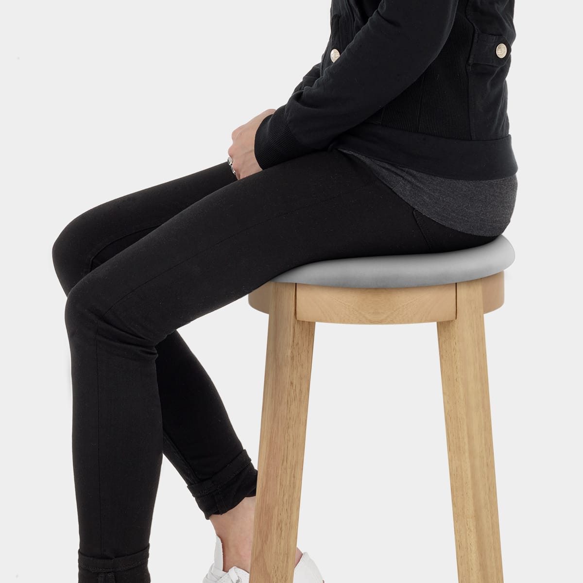 Ikon Kitchen Stool Oak & Grey Velvet Seat Image