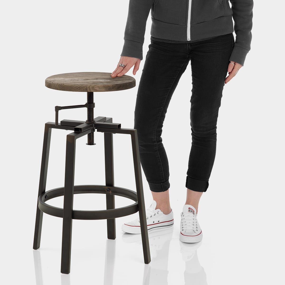 Industrial Turner Stool Dark Wood Features Image