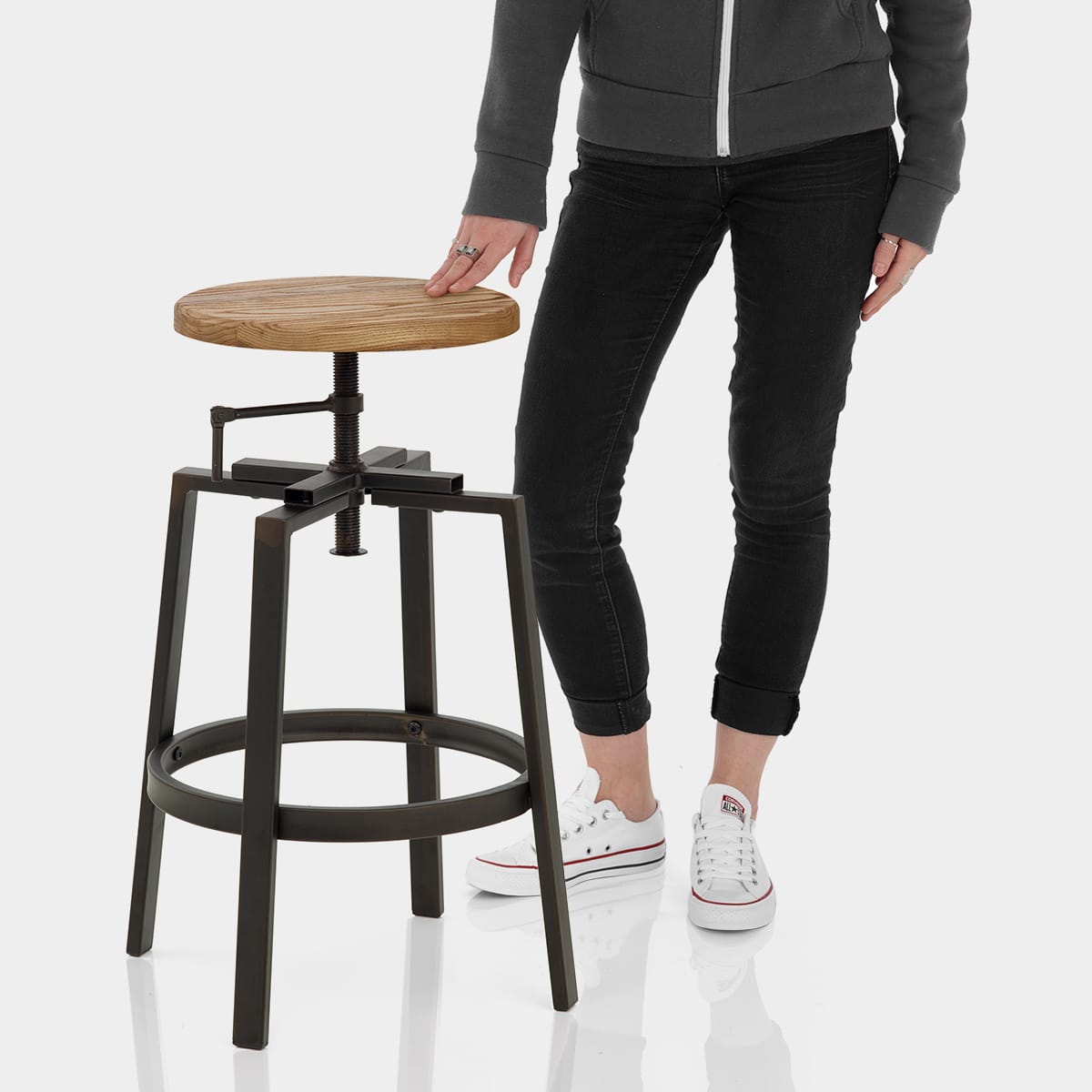 Industrial Turner Stool Light Wood Features Image