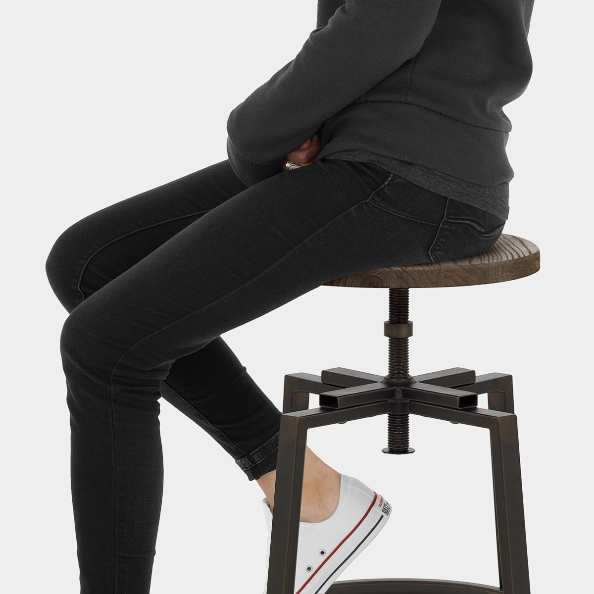 Industrial Turner Stool Dark Wood Seat Image