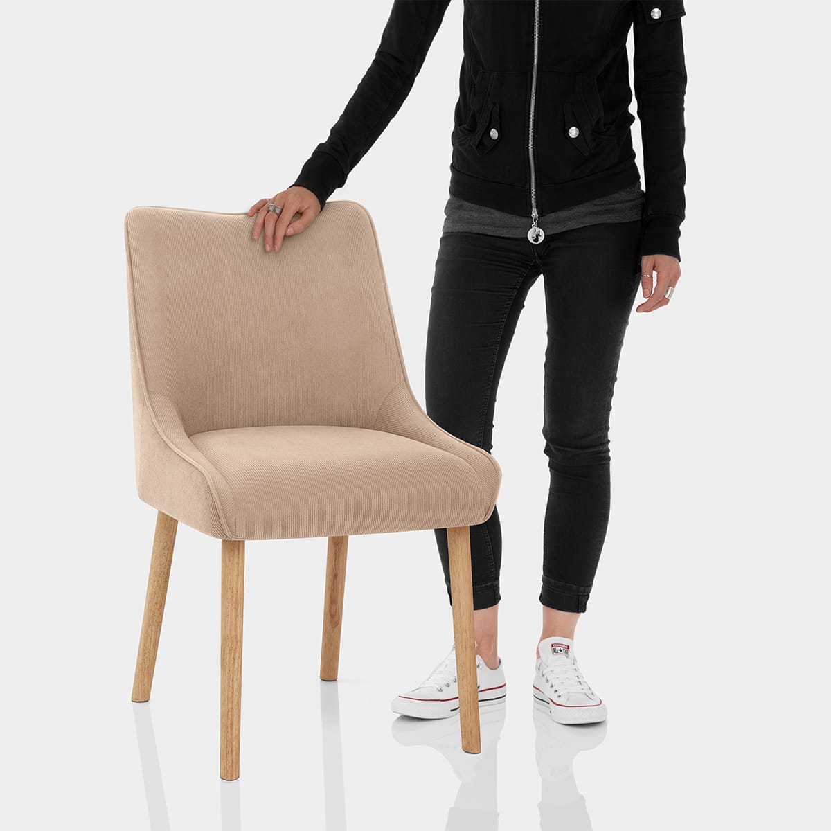 Isabella Oak Dining Chair Beige Fabric Features Image