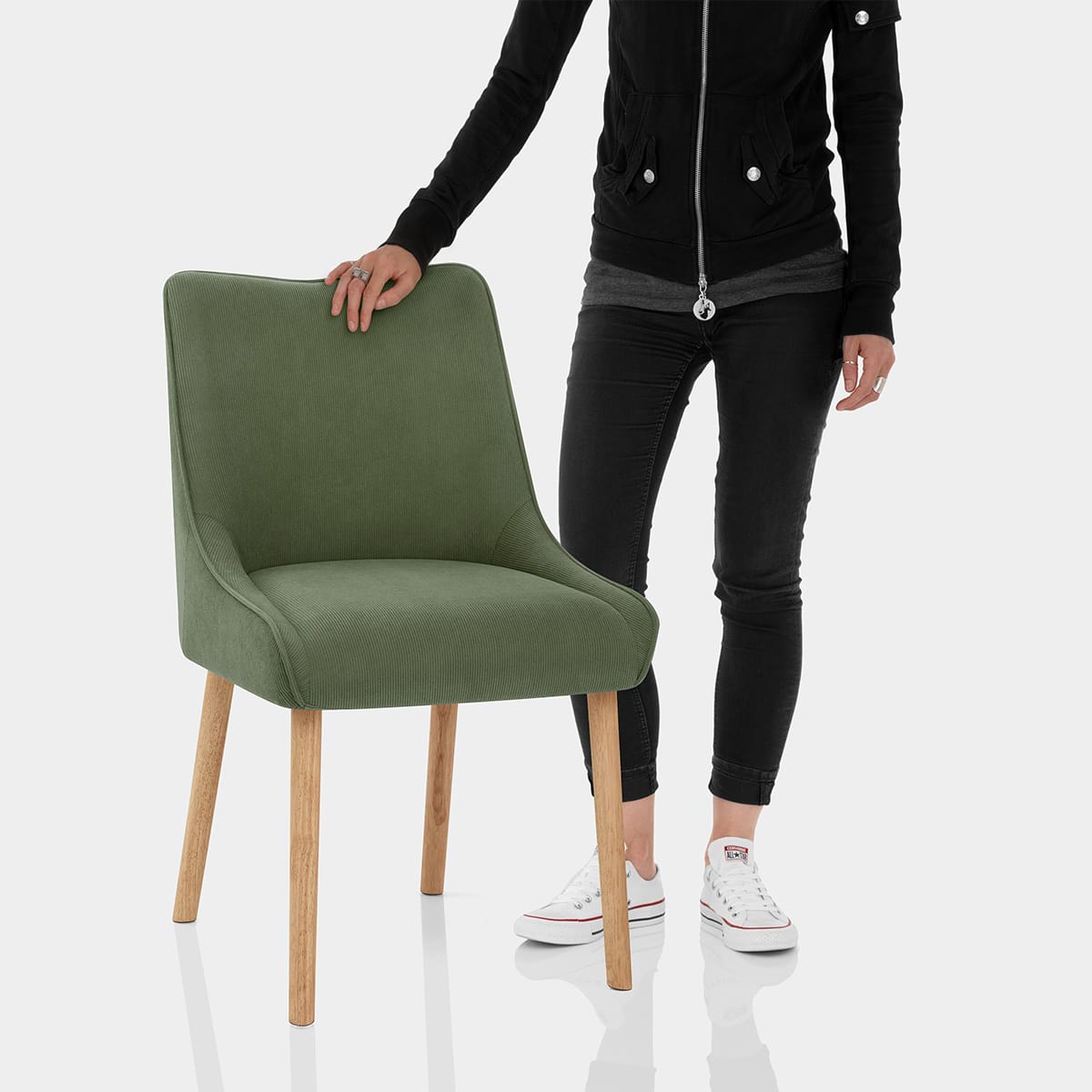 Isabella Oak Dining Chair Green Fabric Features Image