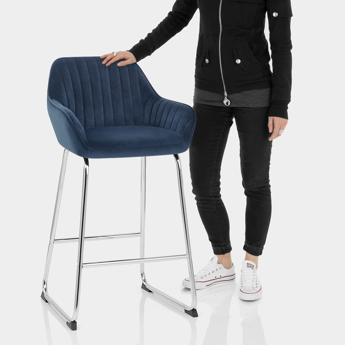 Kanto Chrome Stool Blue Velvet Features Image