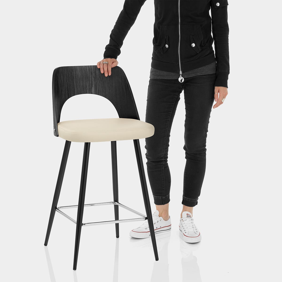 Leo Bar Stool Black Wood & Cream Features Image