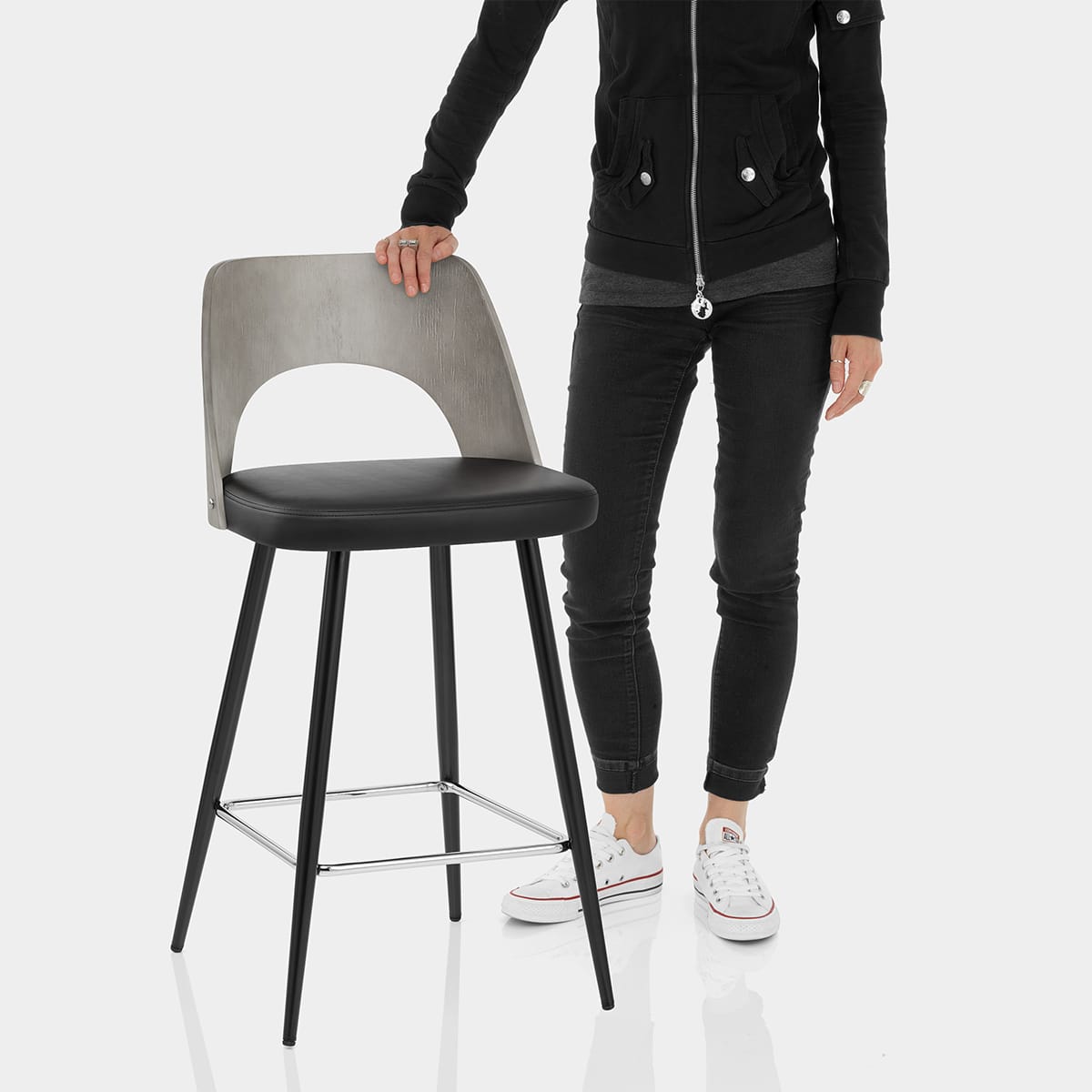 Leo Bar Stool Grey Wood & Black Features Image