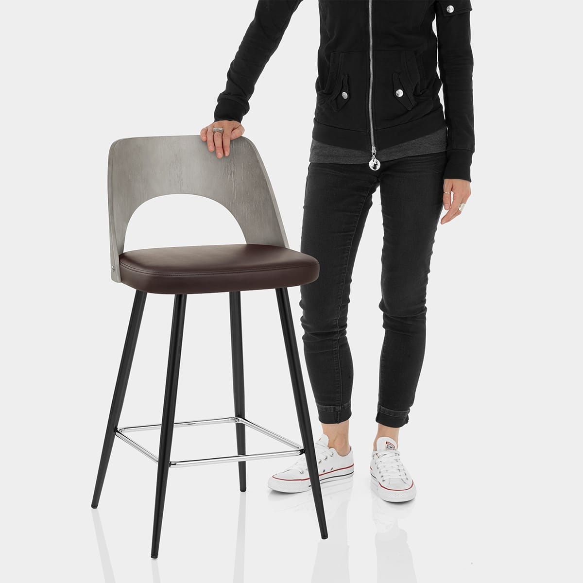 Leo Bar Stool Grey Wood & Brown Features Image