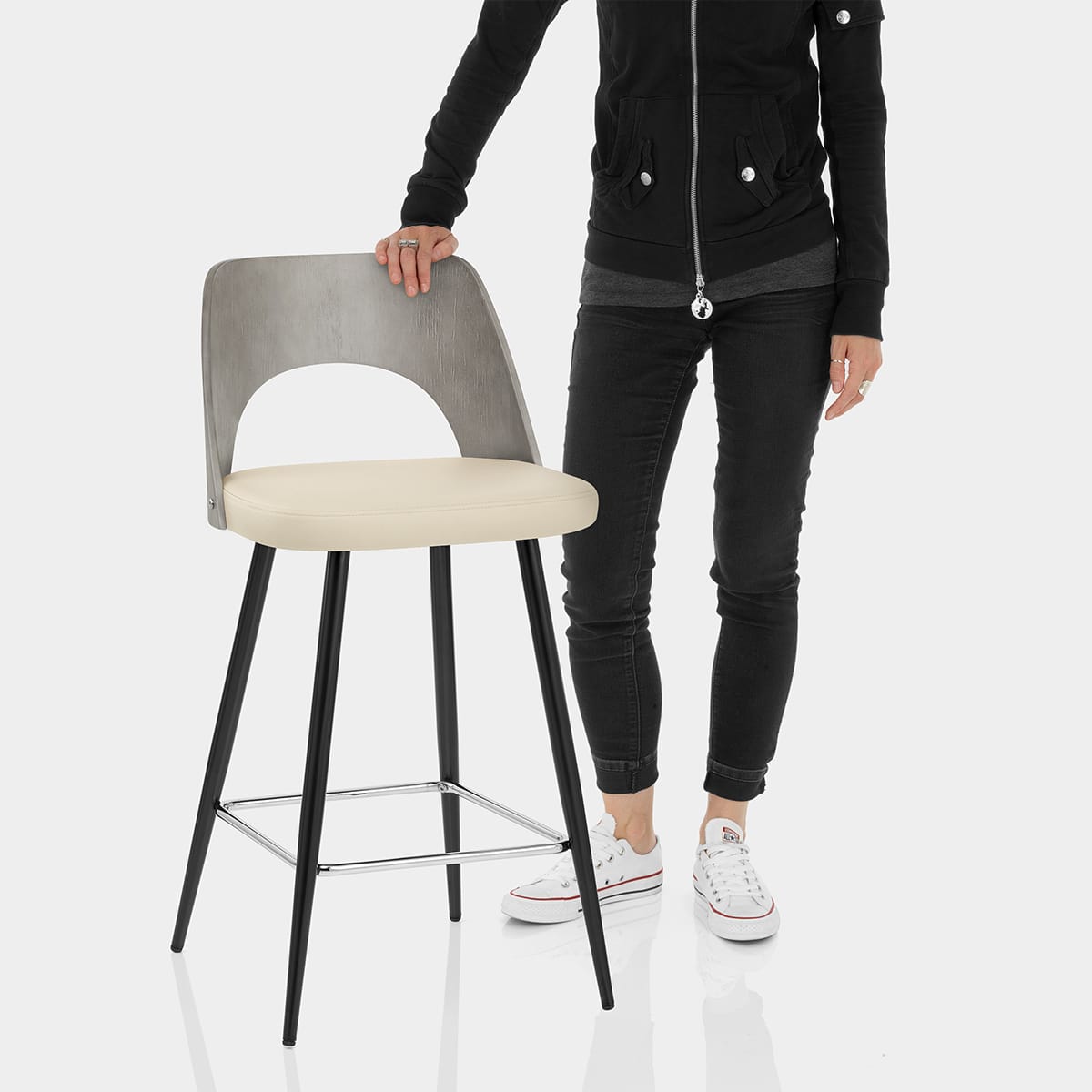 Leo Bar Stool Grey Wood & Cream Features Image