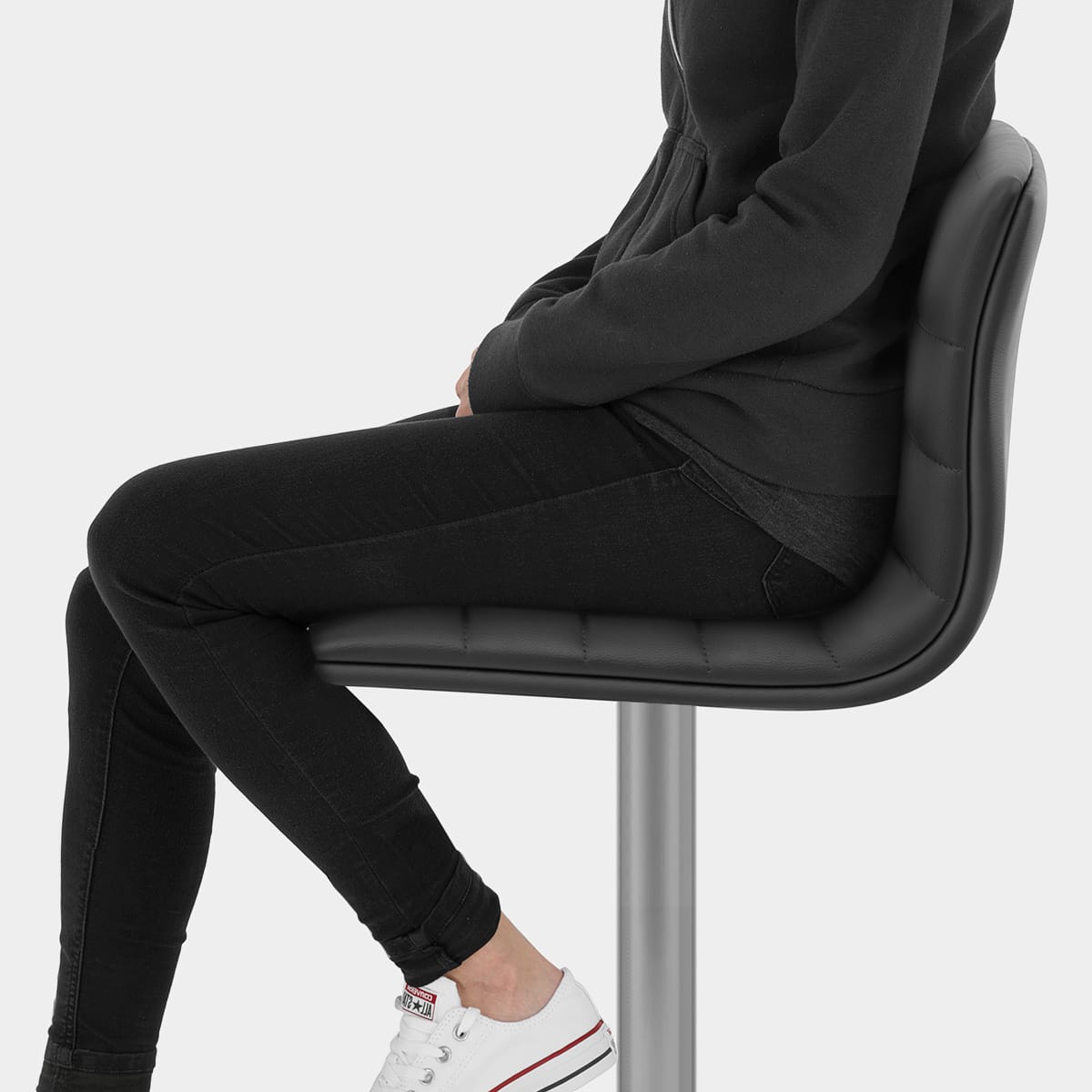 Linear Brushed Steel Bar Stool Black Seat Image