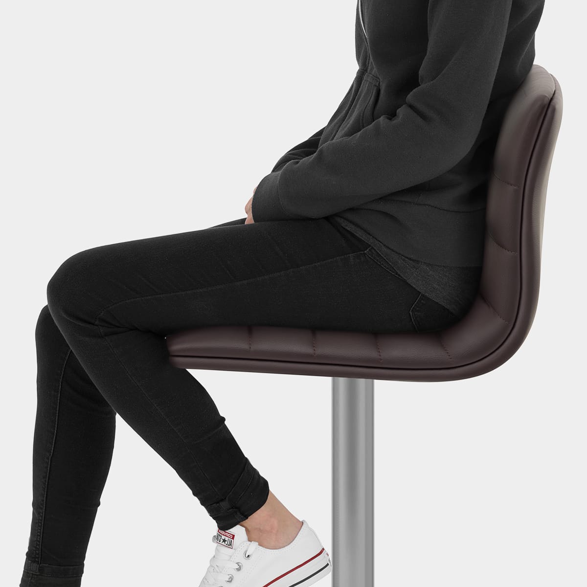 Linear Brushed Steel Bar Stool Brown Seat Image