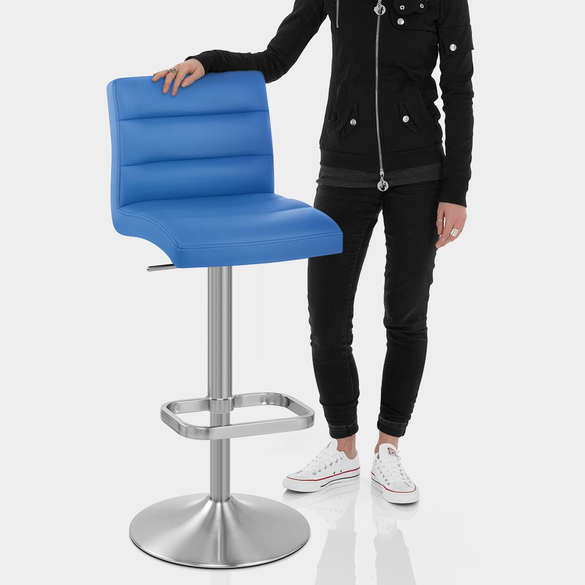 Lush Brushed Steel Bar Stool Blue Features Image