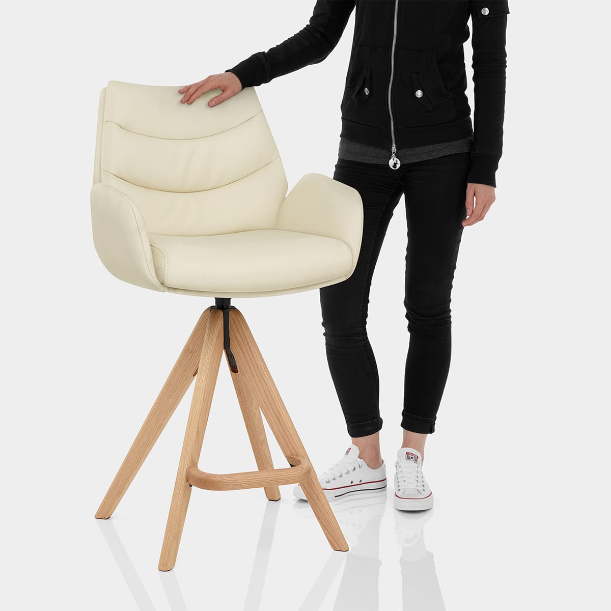 Madrid Real Leather Wooden Stool Cream Features Image