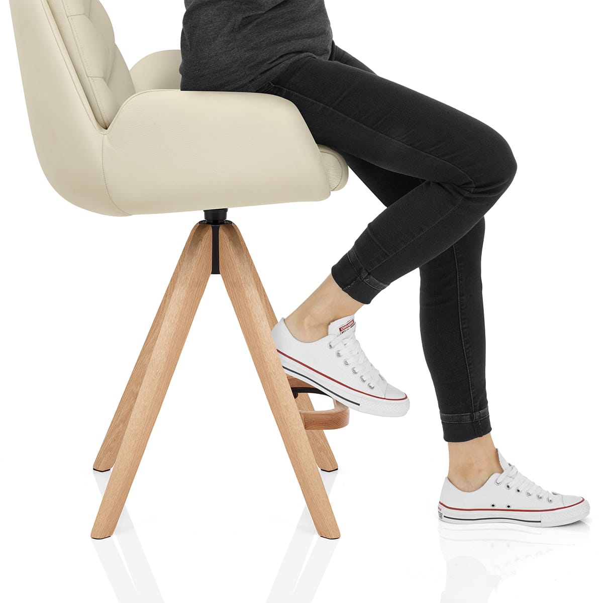 Madrid Real Leather Wooden Stool Cream Frame Image