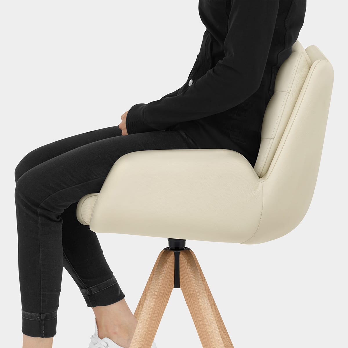 Madrid Real Leather Wooden Stool Cream Seat Image