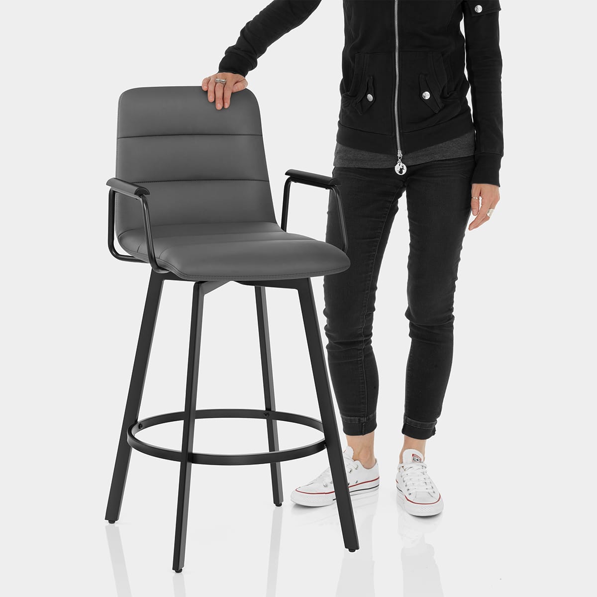 Marco Stool Black Arms & Grey Leather Features Image