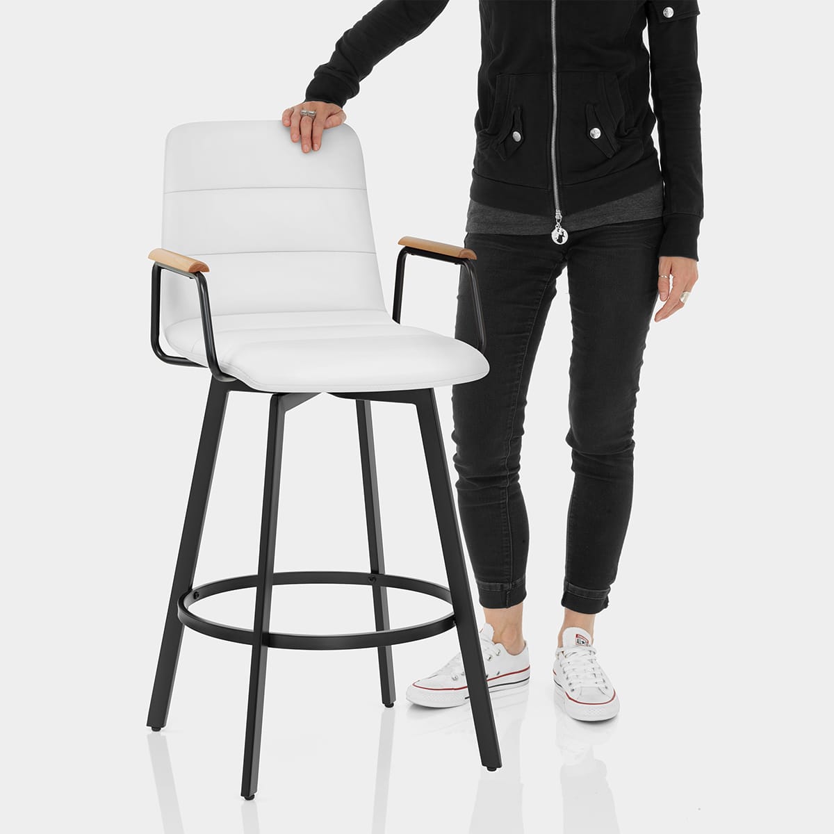 Marco Stool Oak Arms & White Leather Features Image