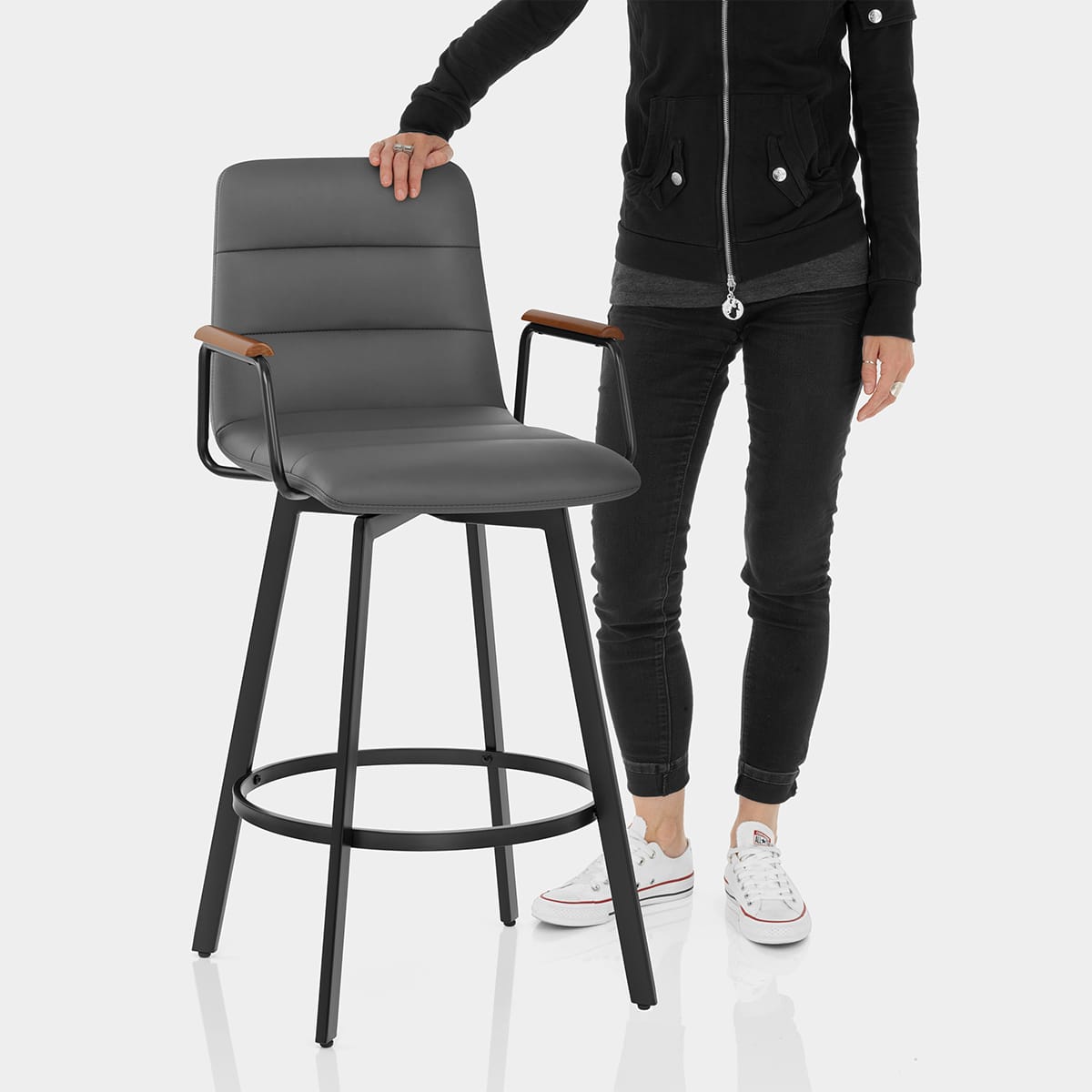 Marco Stool Walnut Arms & Grey Leather Features Image