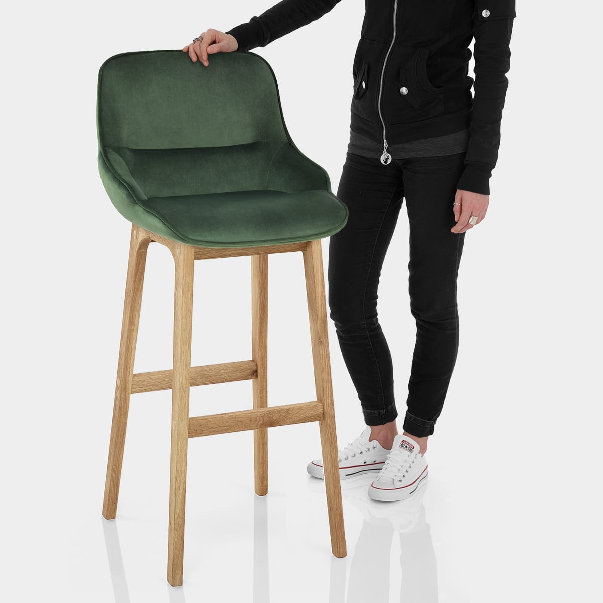 Miami Wooden Stool Green Velvet Features Image