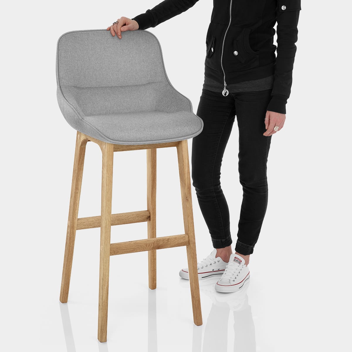 Miami Wooden Stool Grey Fabric Features Image