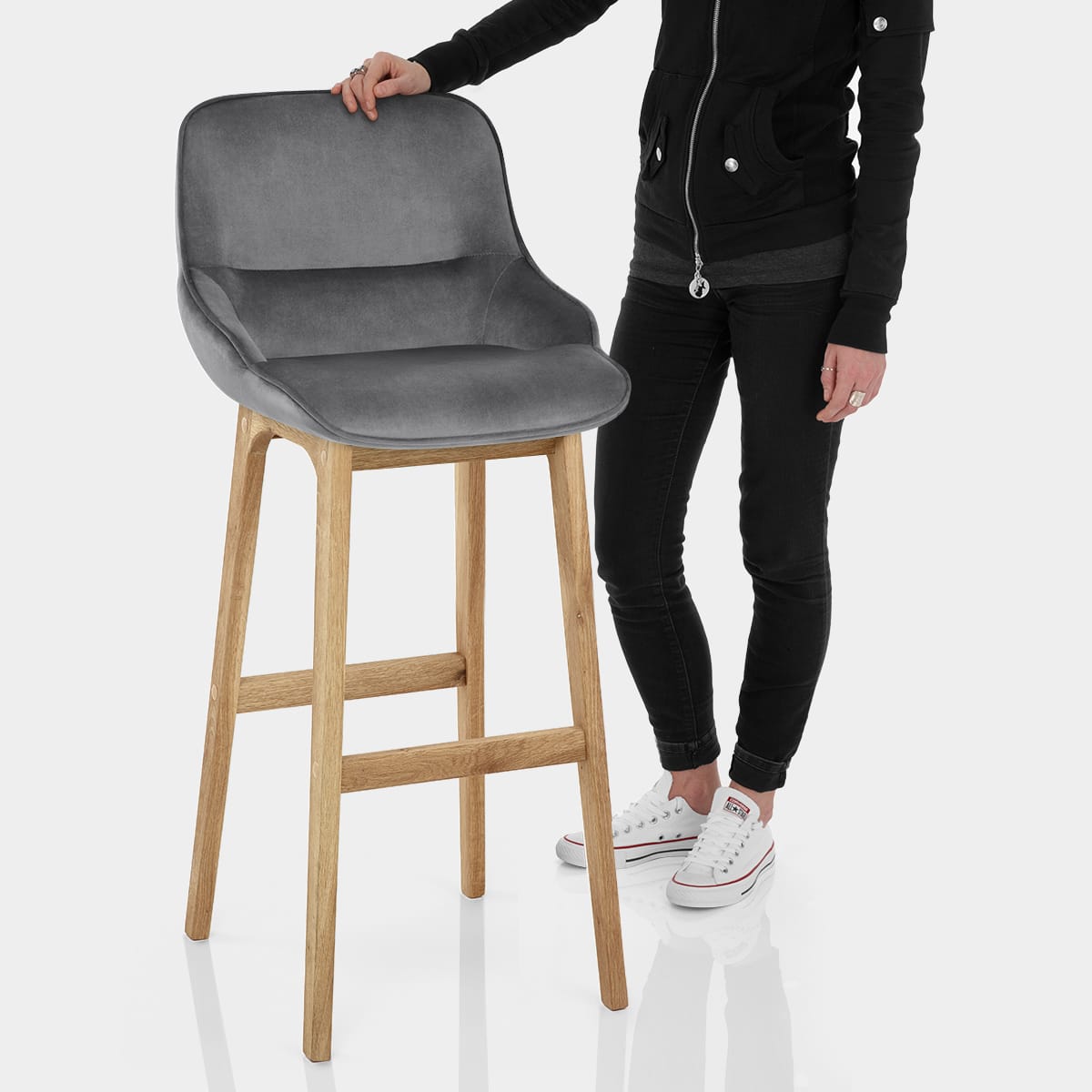 Miami Wooden Stool Grey Velvet Features Image