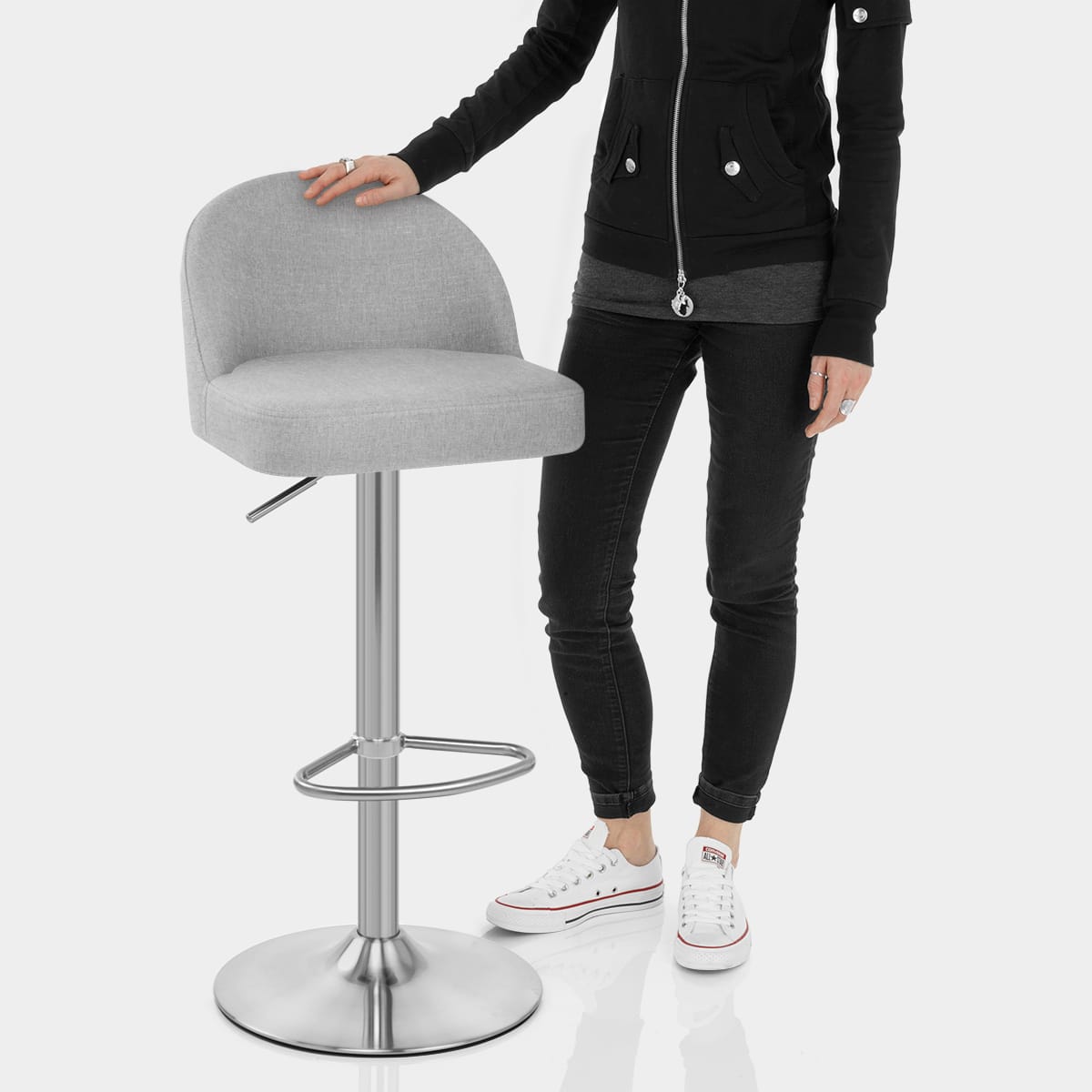 Mimi Brushed Steel Stool Grey Fabric Features Image