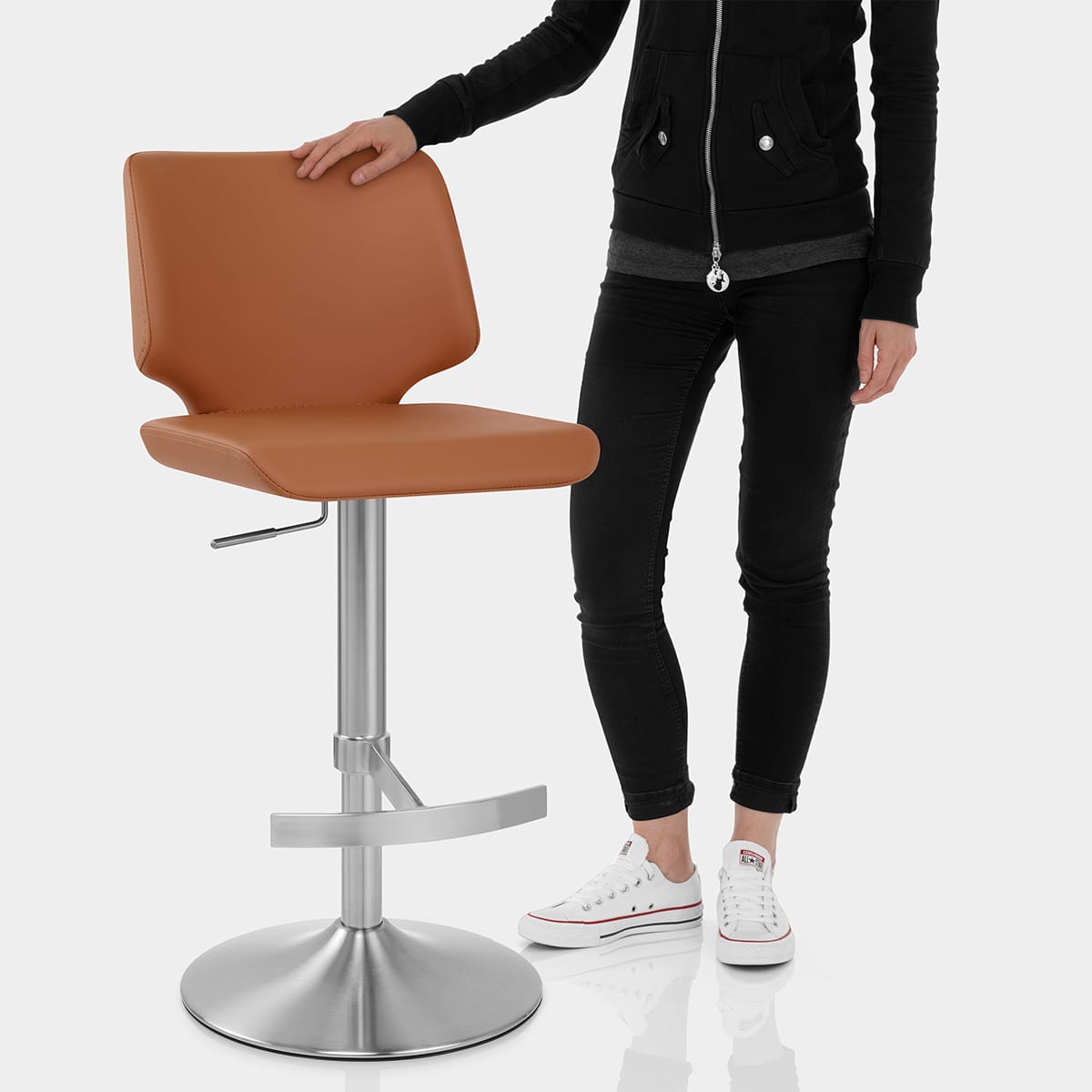 Mode Brushed Steel Stool  Dark Tan Features Image