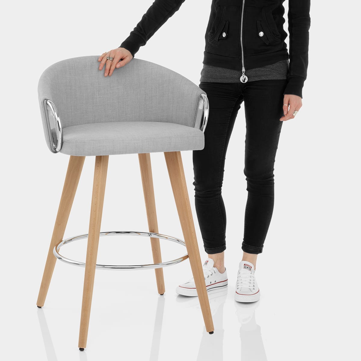 Neo Wooden Stool Grey Fabric Features Image