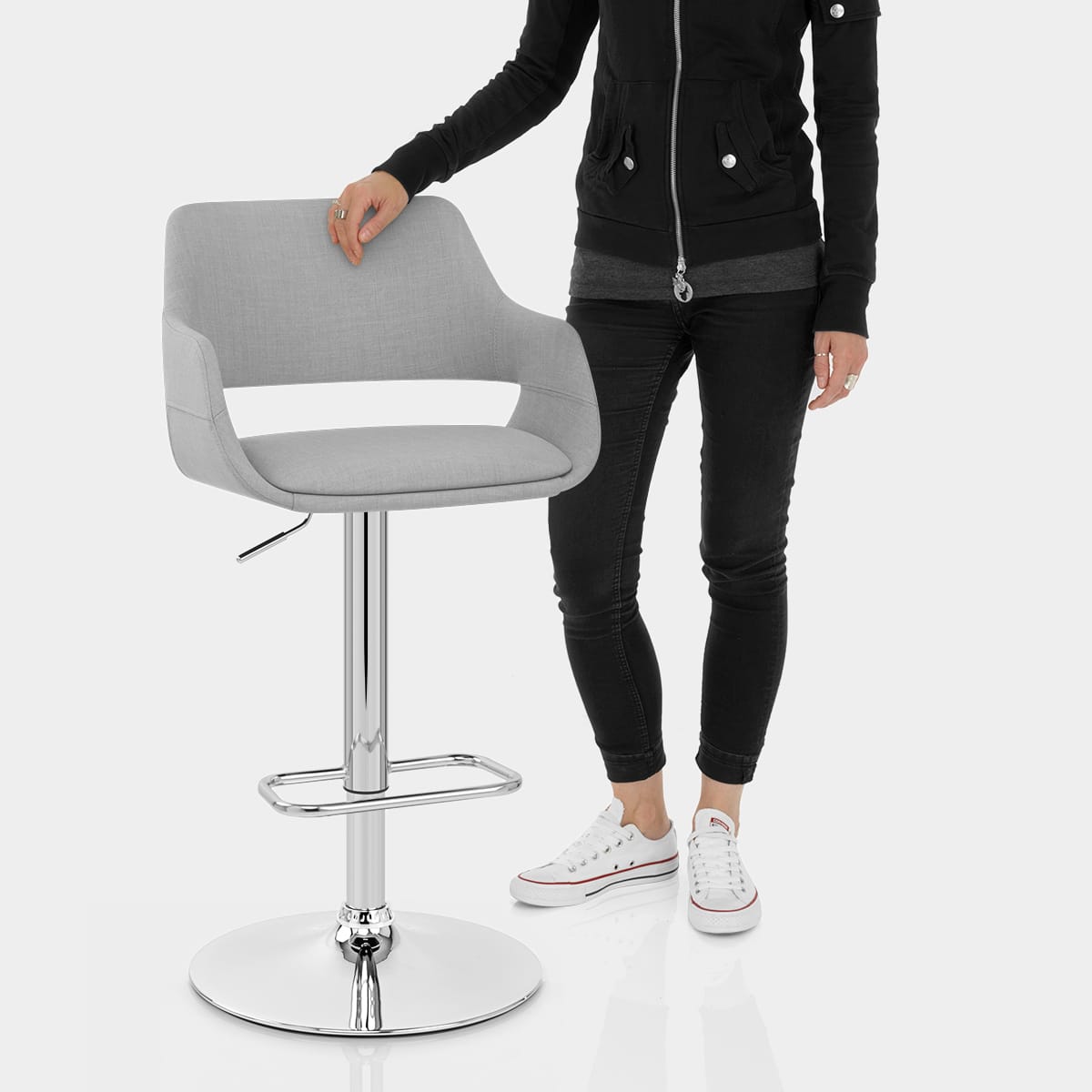 Nuevo Bar Stool Grey Fabric Features Image