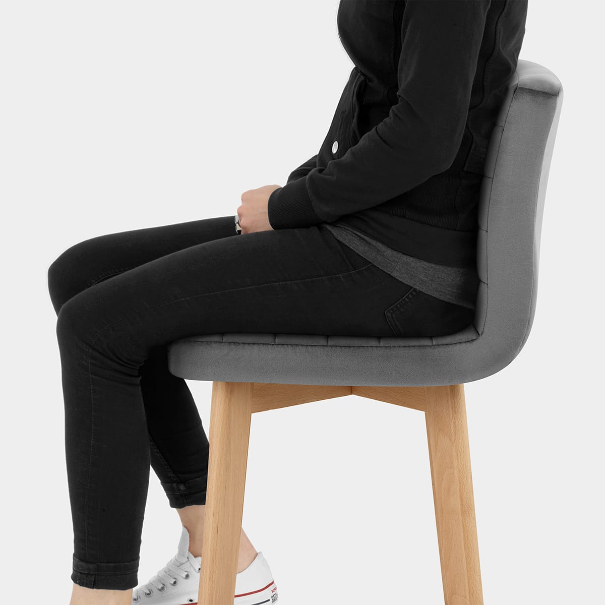 Pure Wooden Stool Grey Velvet Seat Image