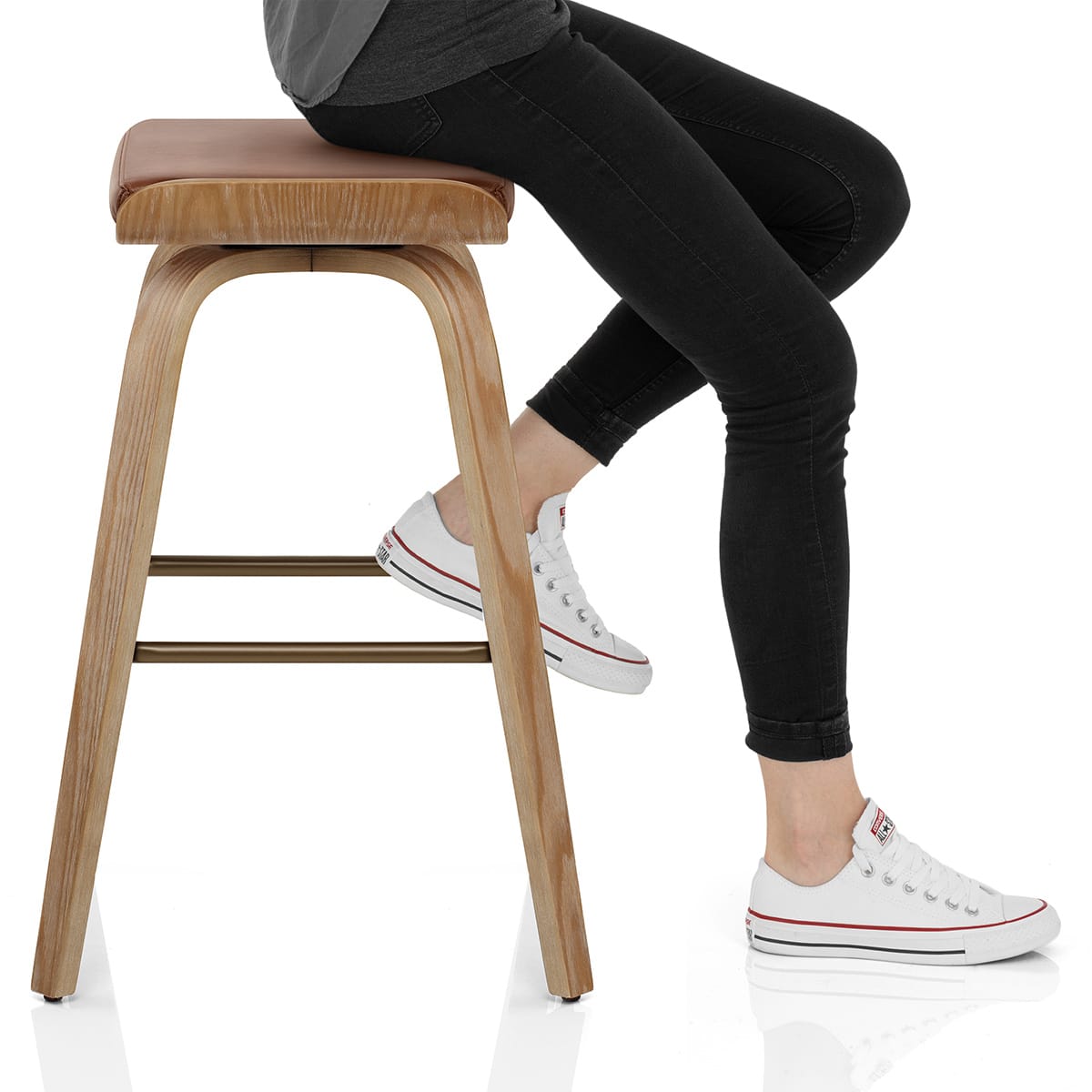 Remy Oak Stool Brown Real Leather Frame Image