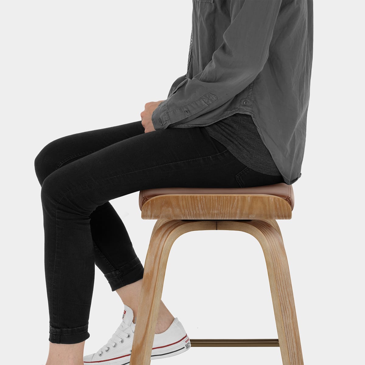 Remy Oak Stool Brown Real Leather Seat Image