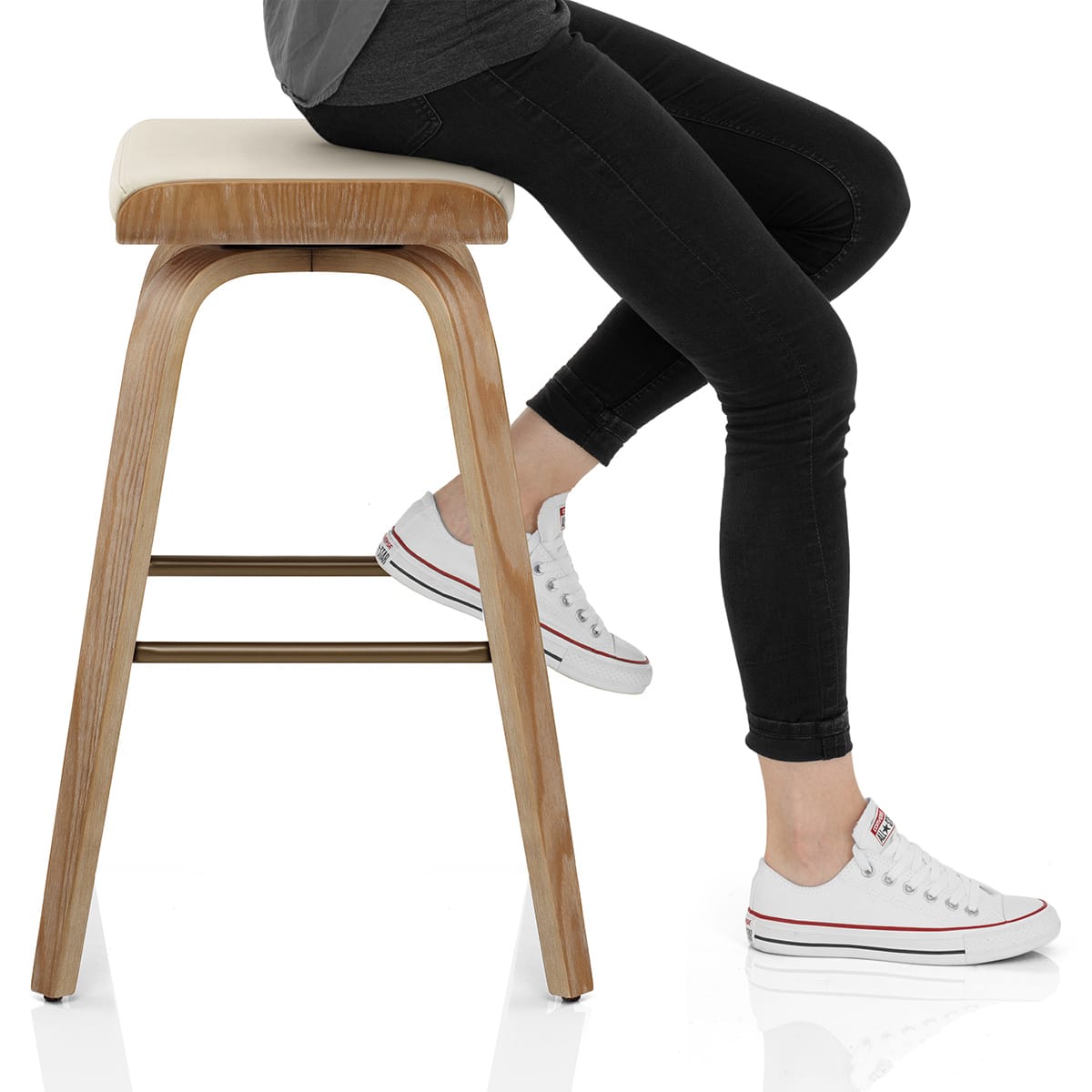 Remy Oak Stool Cream Real Leather Frame Image