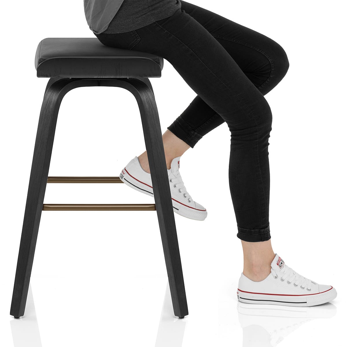 Remy Wooden Stool Black Real Leather Frame Image