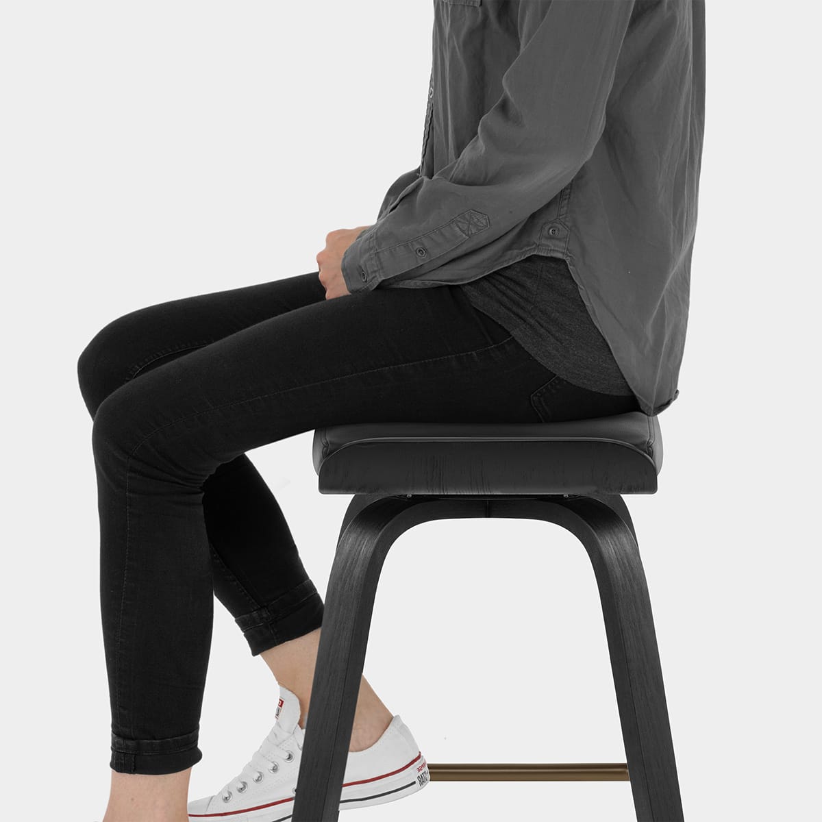 Remy Wooden Stool Black Real Leather Seat Image