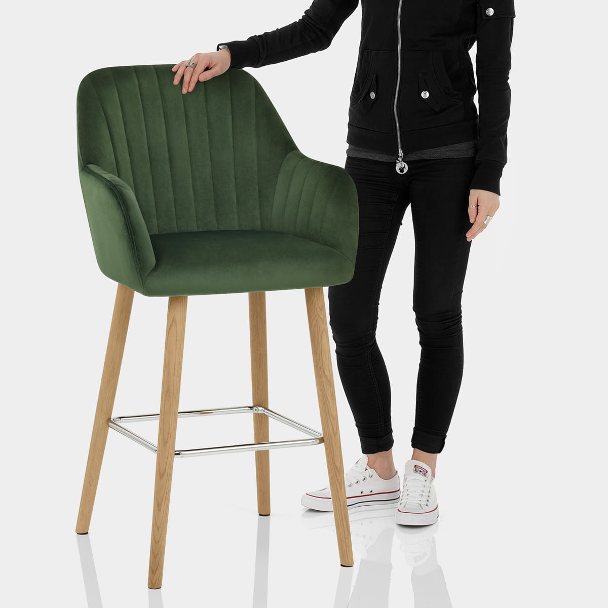 Rio Wooden Stool Green Velvet Features Image