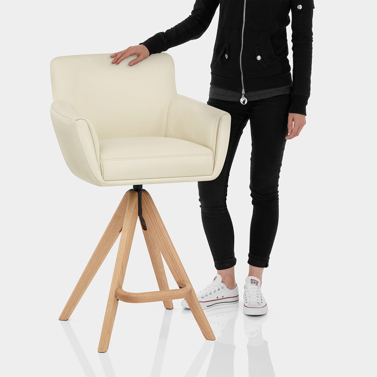 Rome Real Leather Wooden Stool Cream Features Image