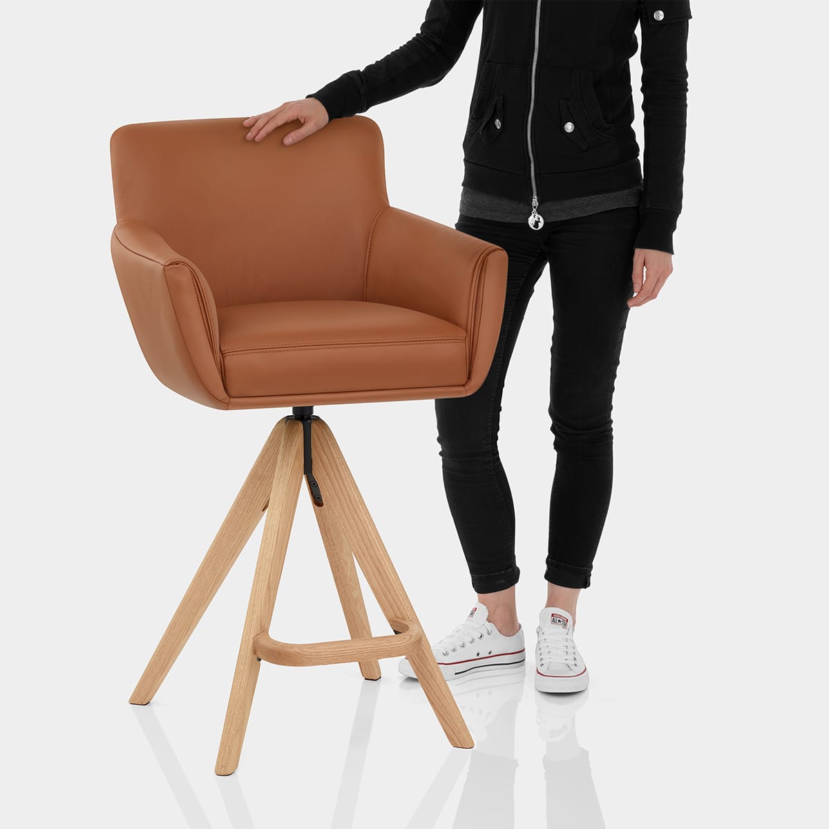 Rome Real Leather Wooden Stool Tan Features Image