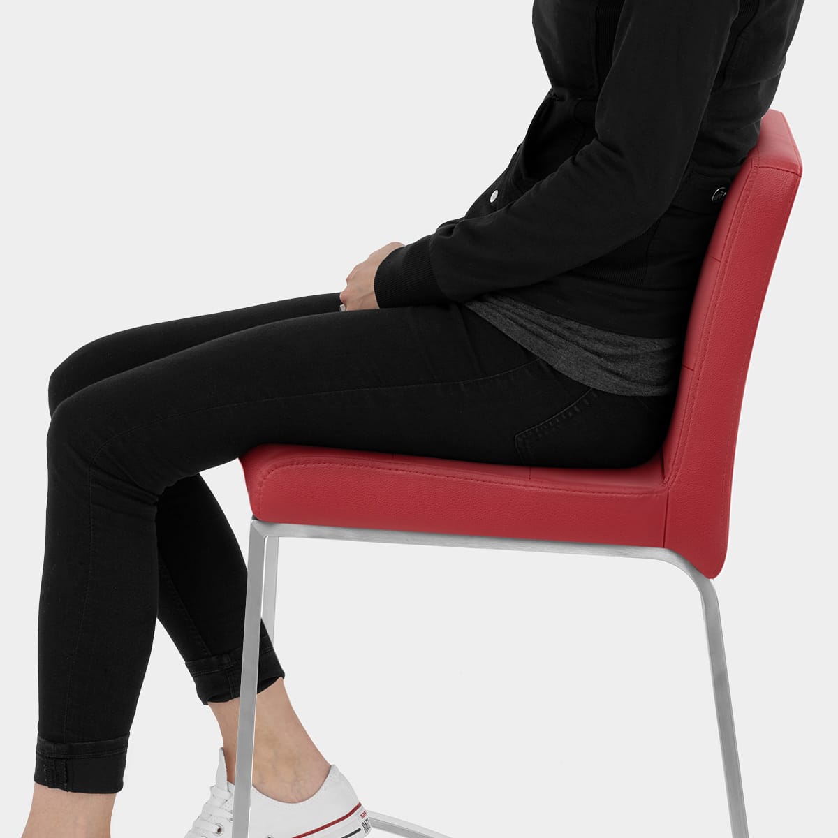 Stella Brushed Steel Stool Red Seat Image