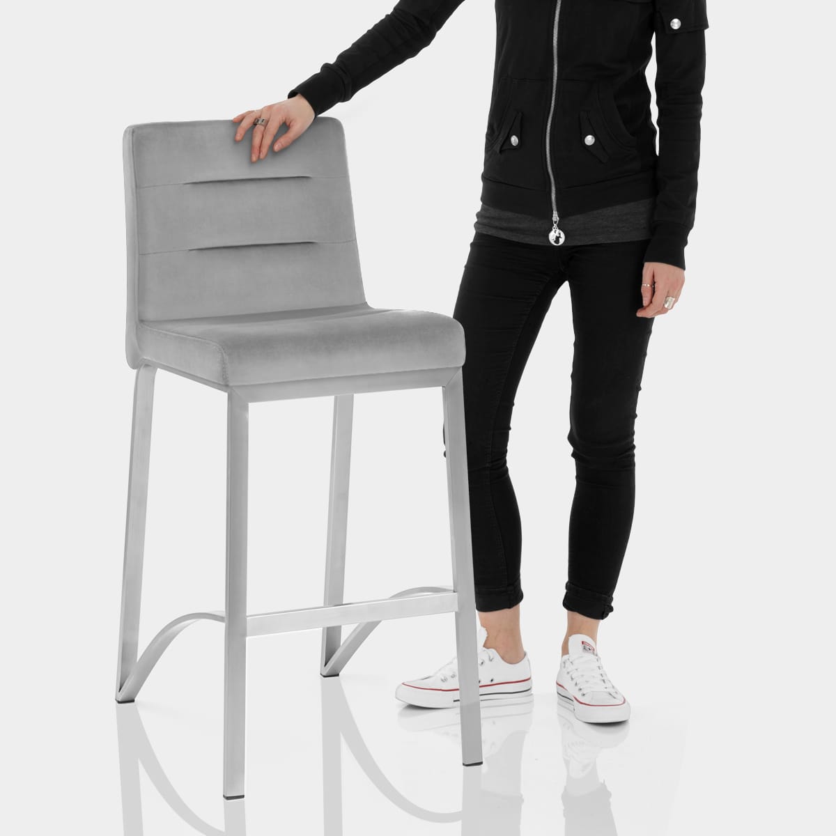 Stella Brushed Stool Grey Velvet Features Image