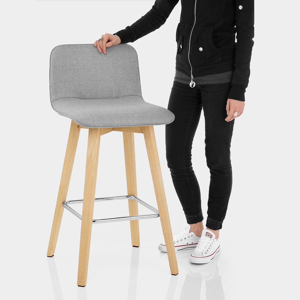 Tide Wooden Stool Grey Fabric Features Image