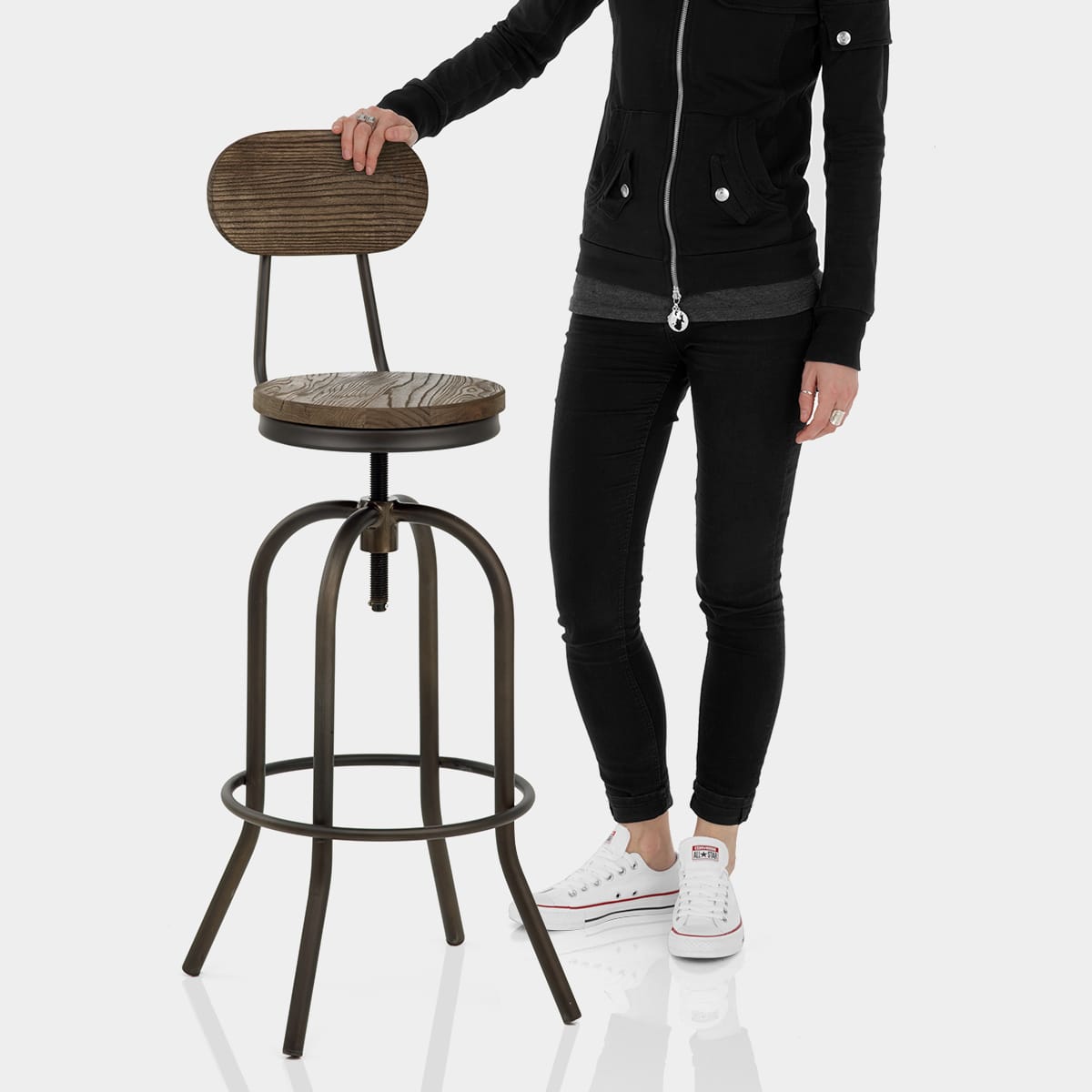 Vintage Swivel Stool Dark Wood Features Image