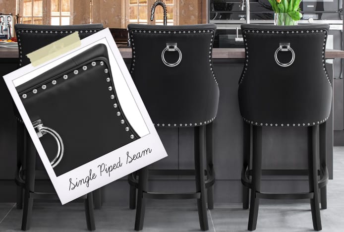 Ascot Bar Stool Black Leather With Piped Seam