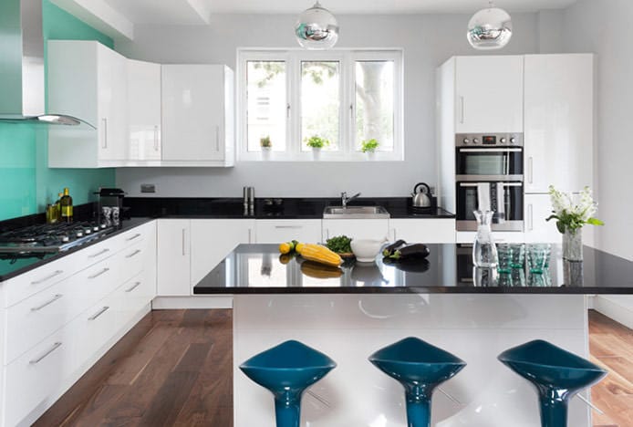 Blue Coco Stools in Turquoise Kitchen