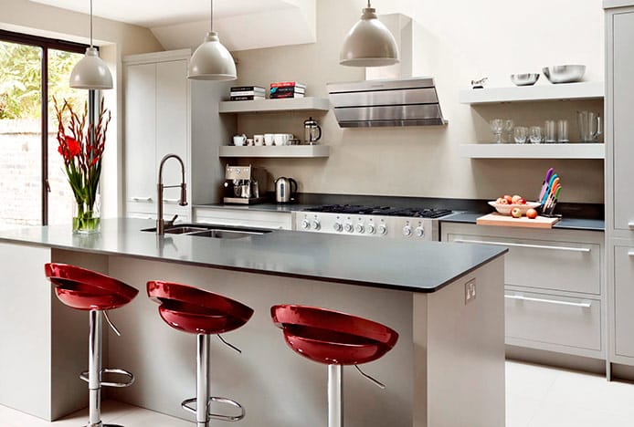 Crescent Red Stools at Kitchen Island