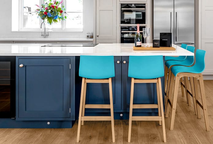 Drift Oak Stool Blue In A Shaker Kitchen