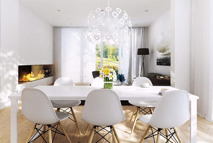 Eames Wood and White Chairs at Tables