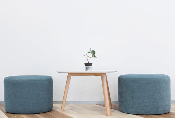 Low Blue Stools with Wood Table